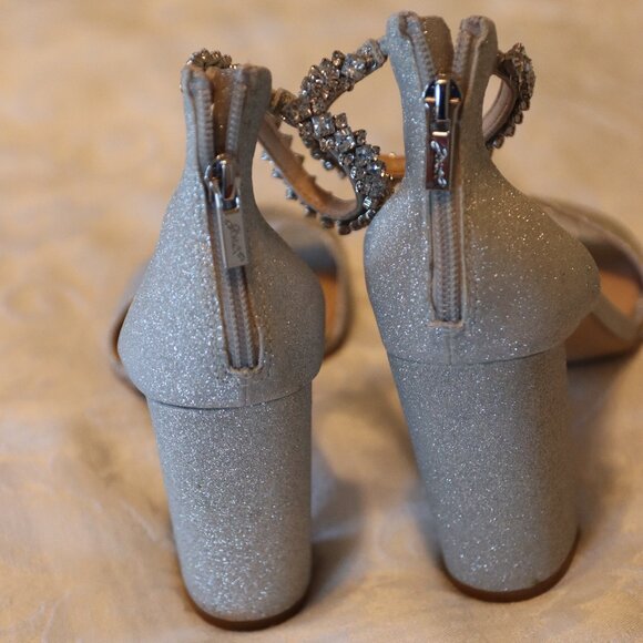 Jewel Badgley Mischka Louise Block Heel Sandal Silver Glitter Rhinestone Size 9 - Picture 5 of 15
